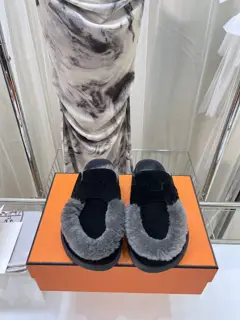 Hermès full leather wool half-covered slippers
