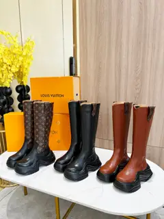 Louis Vuitton grained cowhide uppers are connected to wavy rubber outsoles with LV studs