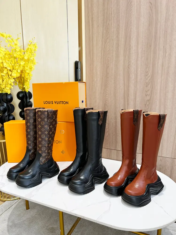 Louis Vuitton grained cowhide uppers are connected to wavy rubber outsoles with LV studs