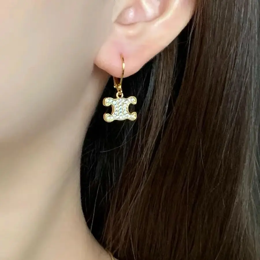 Celine Arc de Triomphe full diamond earrings with hook and pendant small earrings