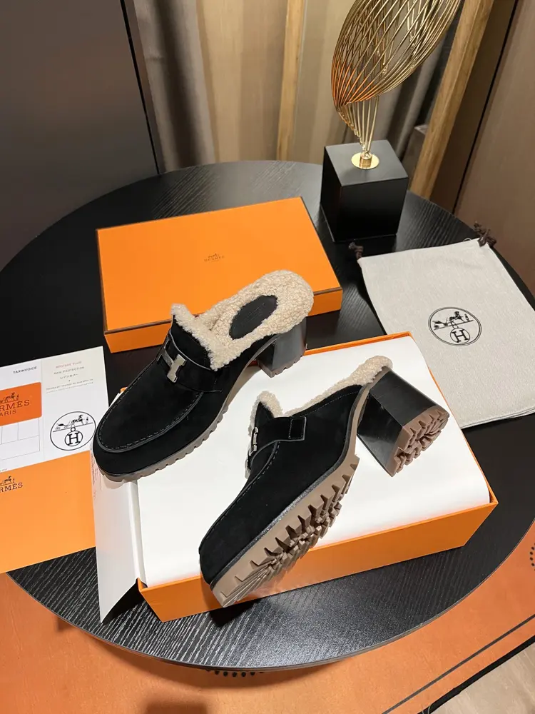Hermès wool half slippers H wool slippers H buckle series