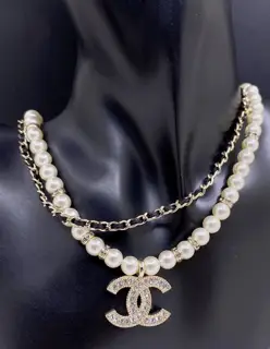 Chanel black leather double pearl necklace