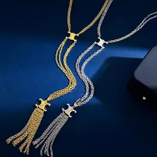 Celine glossy double Arc de Triomphe metal texture hanging chain tassel long pendant double