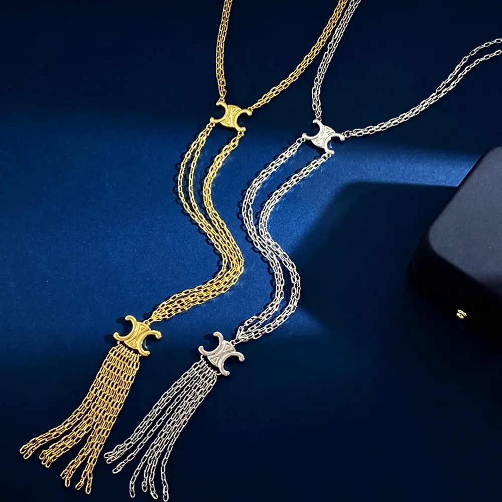 Celine glossy double Arc de Triomphe metal texture hanging chain tassel long pendant double