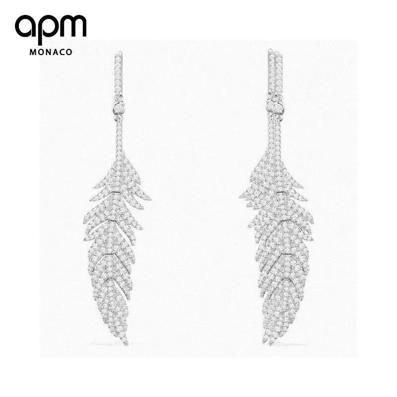Apm monaco silver inlaid crystal diamond feather earrings