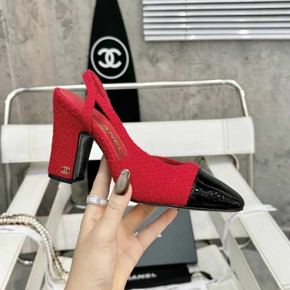 Chanel thick heel square toe color matching high heel sling back sandals for women