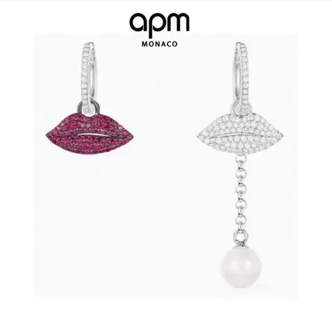Apm monaco asymmetrical silver inlaid crystal diamond lip earrings