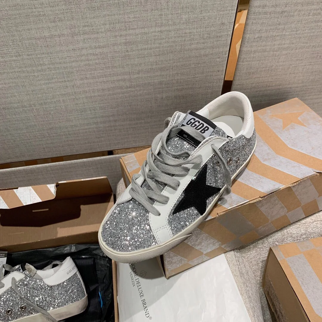 Golden Goose Silver Grid Pink Star Couple Style Shoes