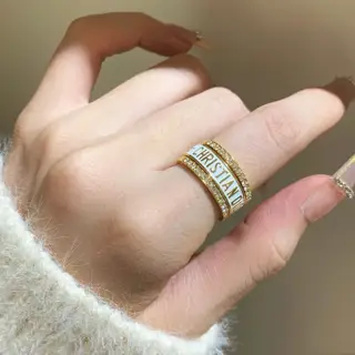 Dior full diamond three-piece set fashion series style pink diamond ring