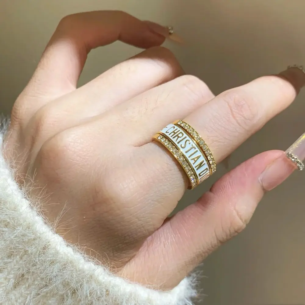 Dior full diamond three-piece set fashion series style pink diamond ring