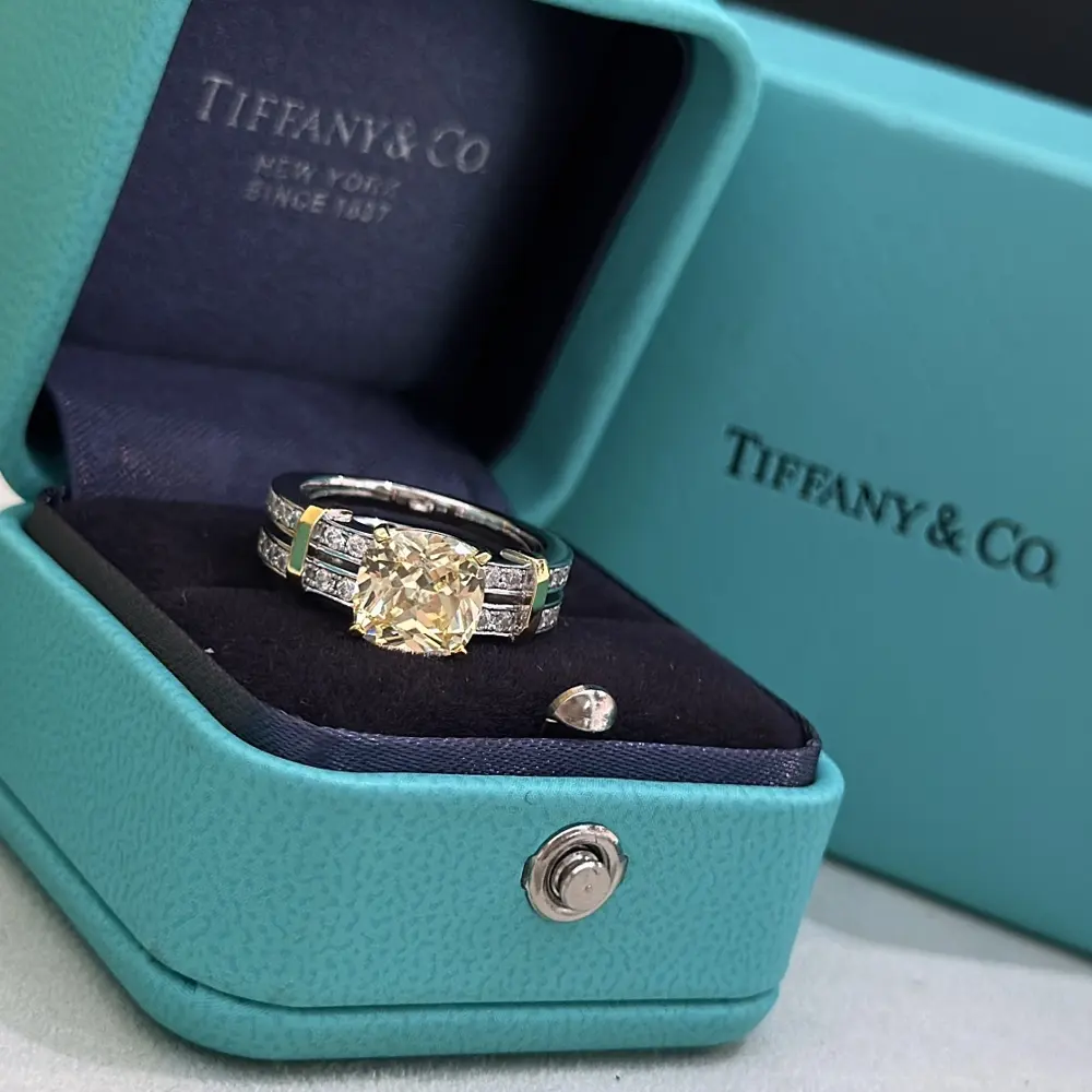 Tiffany new yellow diamond double row diamond color-separated ring simple and elegant