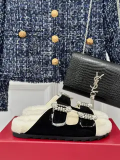 Roger Vivier Double Diamond Buckle Furry Slippers