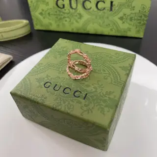 Gucci 18K rose gold ring with white diamond studs and LOGO classic double G elements