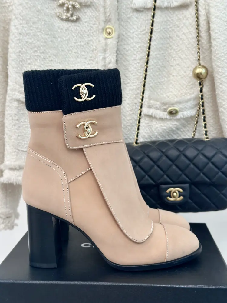 Chanel Double C Backpack Buckle Knitted Wool Ankle Boots