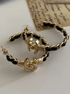 Chanel leather letter hoop earrings