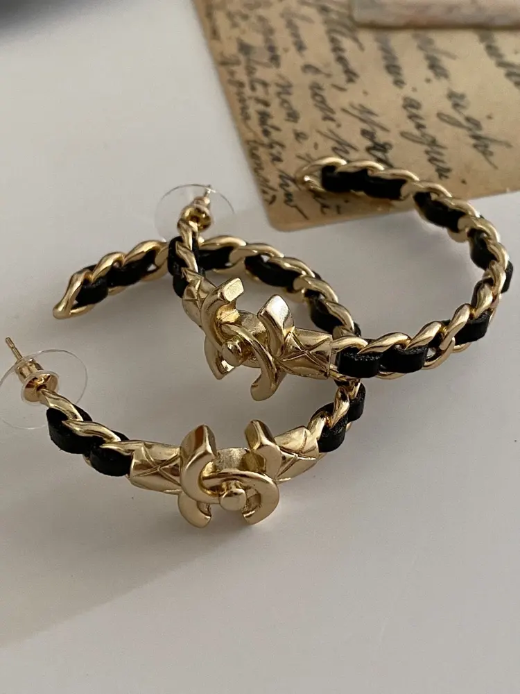 Chanel leather letter hoop earrings