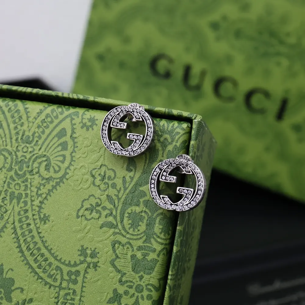 Gucci antique silver diamond interlocking double G stud earrings