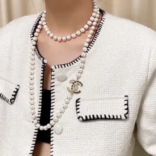 Chanel Double C Braided Rhinestone Pearl Series Sweater Chain Necklace