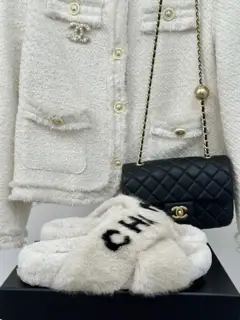 Chanel Cross-stitched Fur Slippers