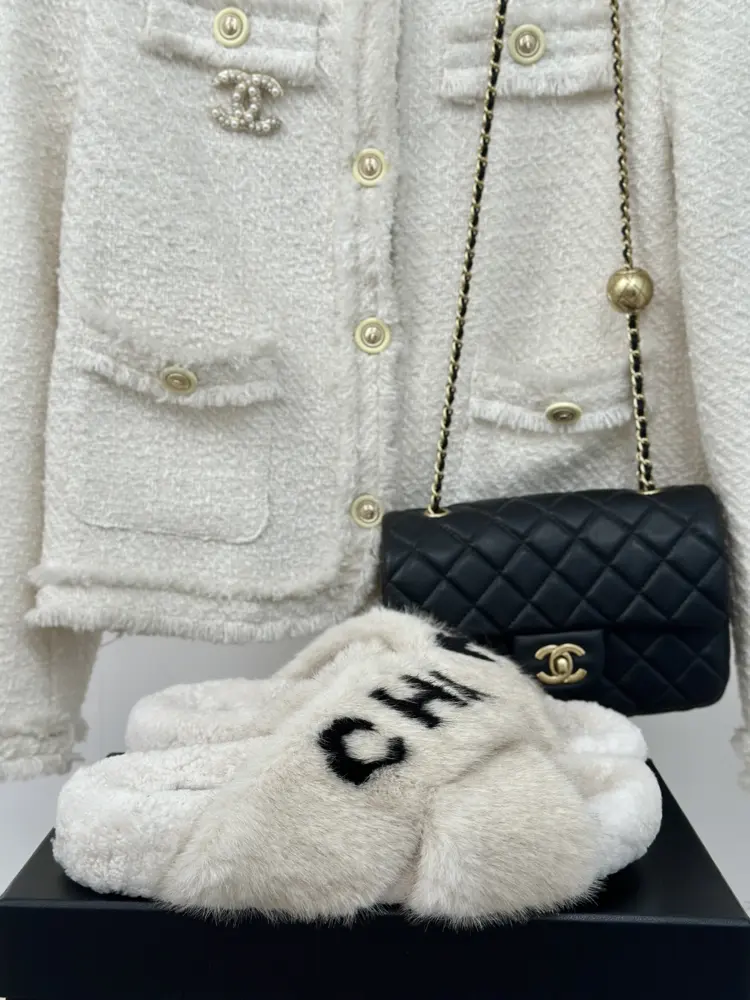 Chanel Cross-stitched Fur Slippers