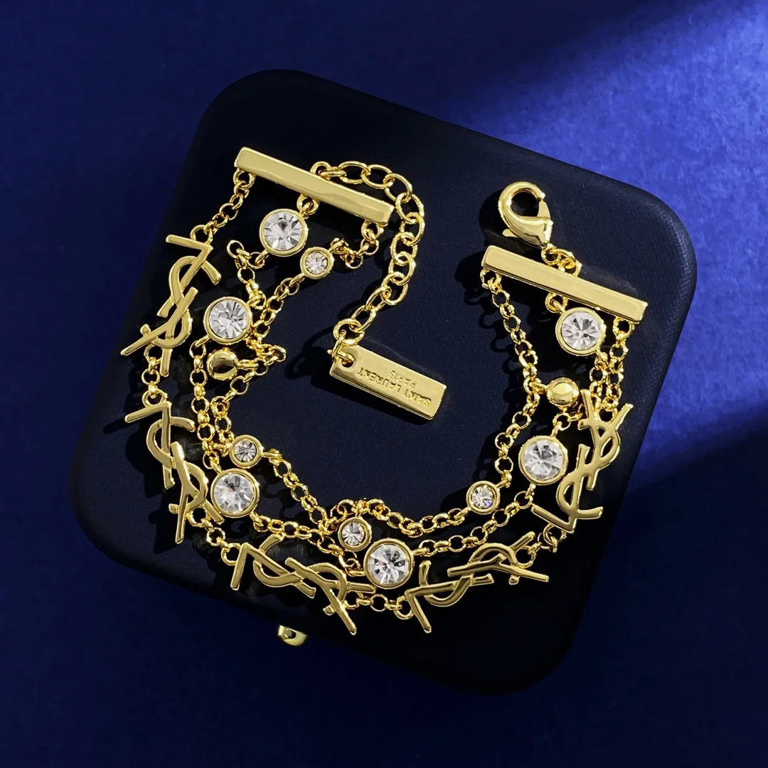 Yves Saint Laurent metallic glossy YSL letter string logo with diamond three-layer thin