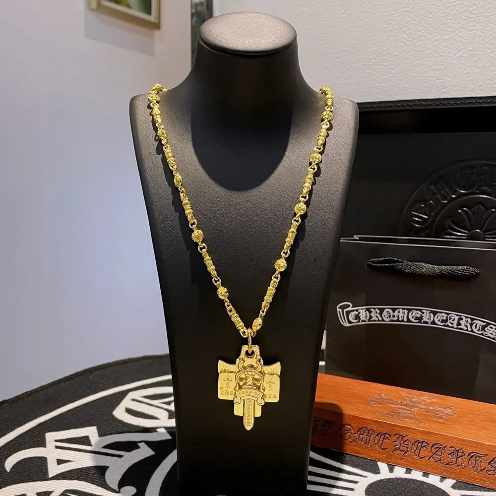 Chrome Hearts Classic gold multi-element necklace with sword overlap pendant