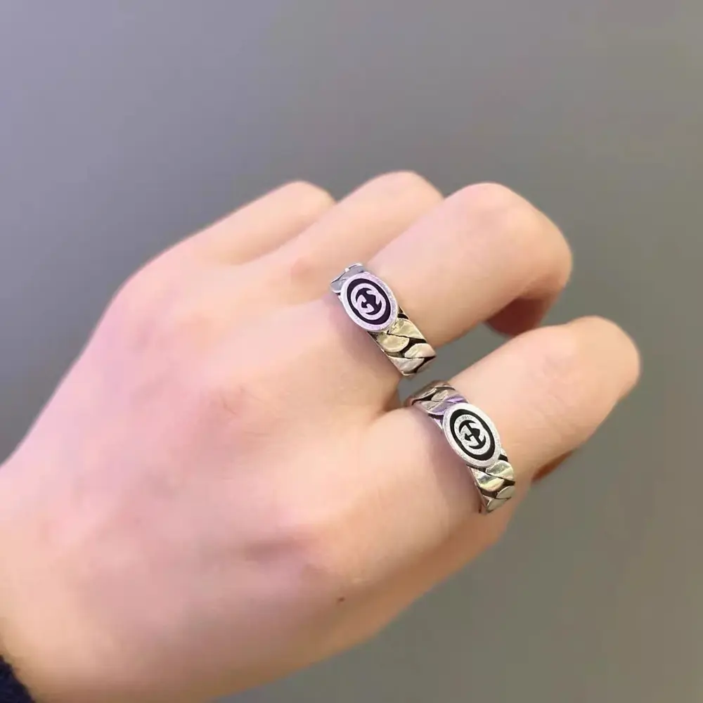 Gucci jewelry black enamel ring double-sided wide version hollow couple size 6-11