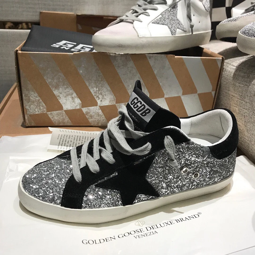 Golden Goose Silver Grid Pink Star Couple Style Shoes