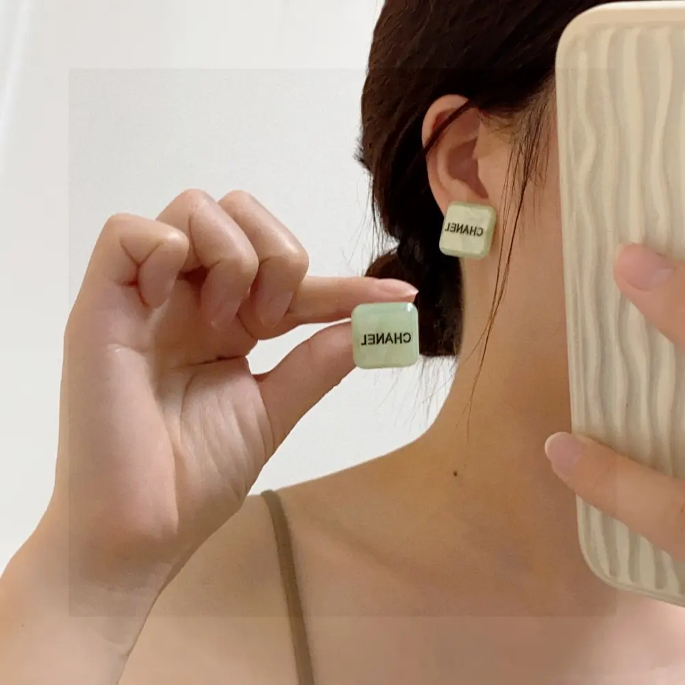 Chanel cute fresh color light green square earrings
