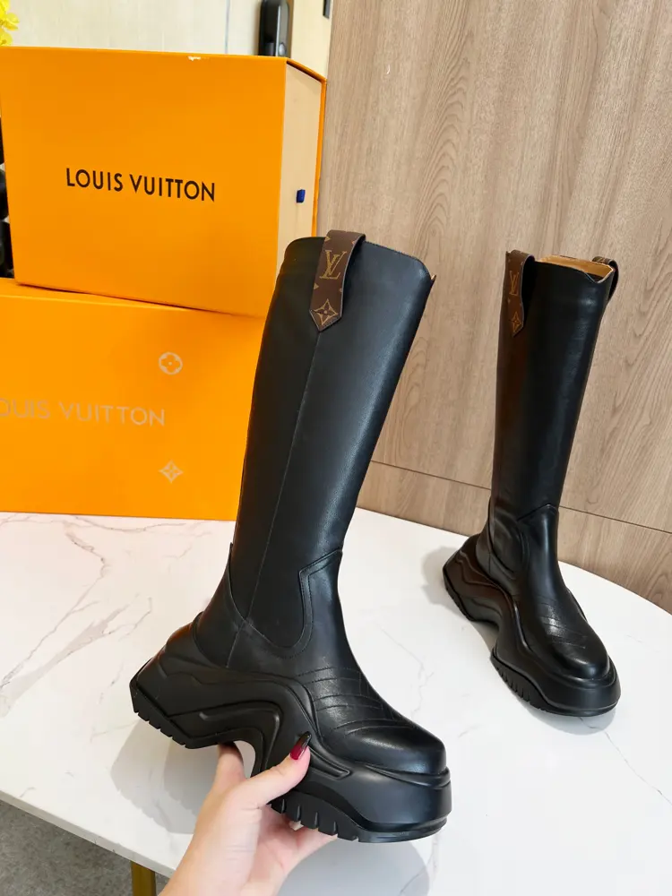 Louis Vuitton grained cowhide uppers are connected to wavy rubber outsoles with LV studs