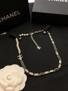Chanel CC black and white square diamond pearl necklace