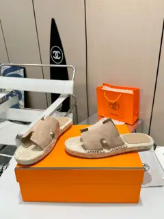 Hermès H-shaped hemp rope woven leather sole slippers