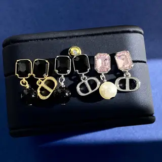 DIOR sparkling crystal pink diamond black diamond pendant pearl small CD letter