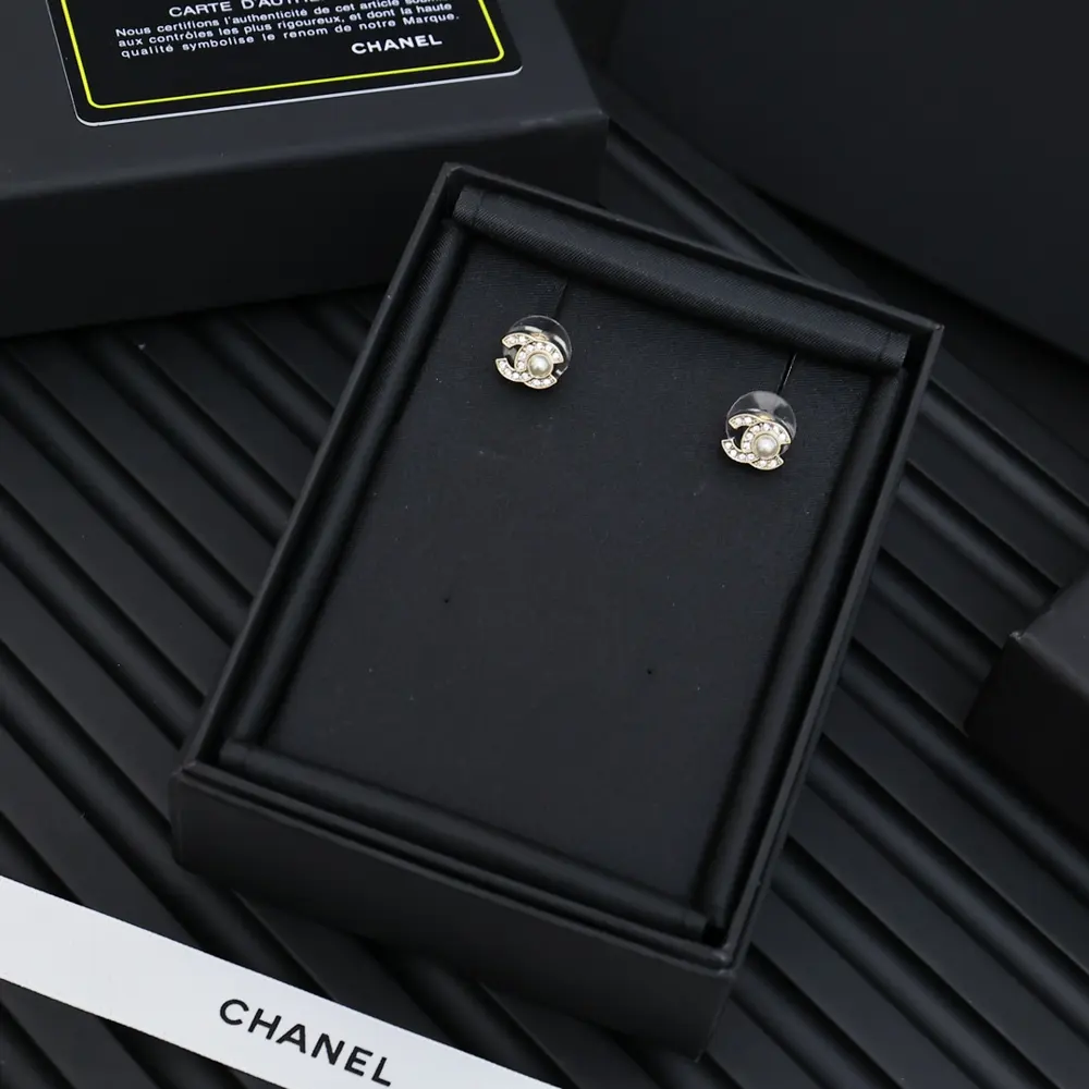 Chanel Mini Double C Pearl Rhinestone Earrings