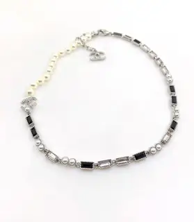 Chanel black and white diamond cc long necklace