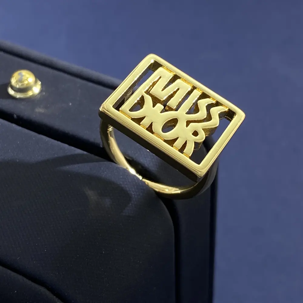 DIOR simple personality metal polished hollow letter rectangular ring