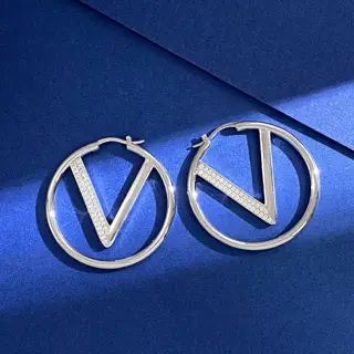Valentino English letter V inlaid with half diamonds polished large hoop earrings