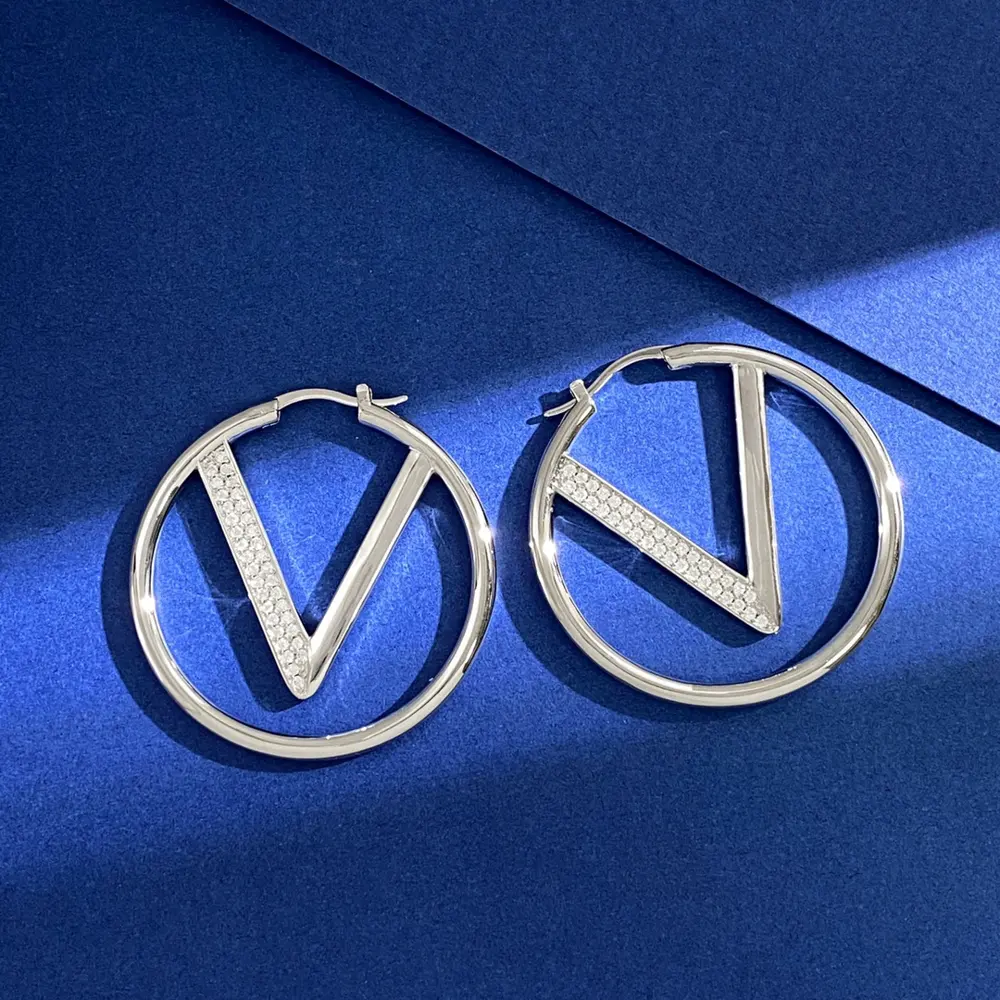 Valentino English letter V inlaid with half diamonds polished large hoop earrings