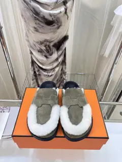 Hermès full leather wool half-covered slippers