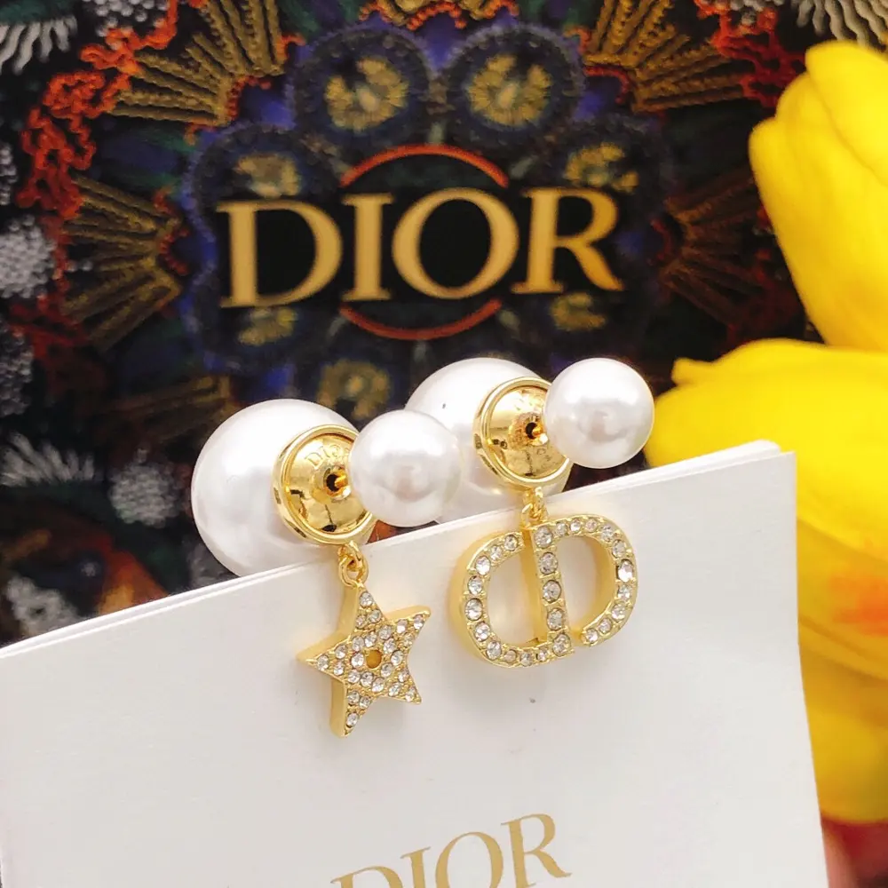 DIOR original new product micro-diamond CD-sized pearl star earrings high-end quality