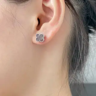 Van Cleef & Arpels Mini Natural Grey Shell Four-Leaf Clover Earrings