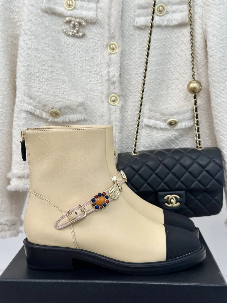 Chanel Double C Metal Buckle Colorblocked Short Boots