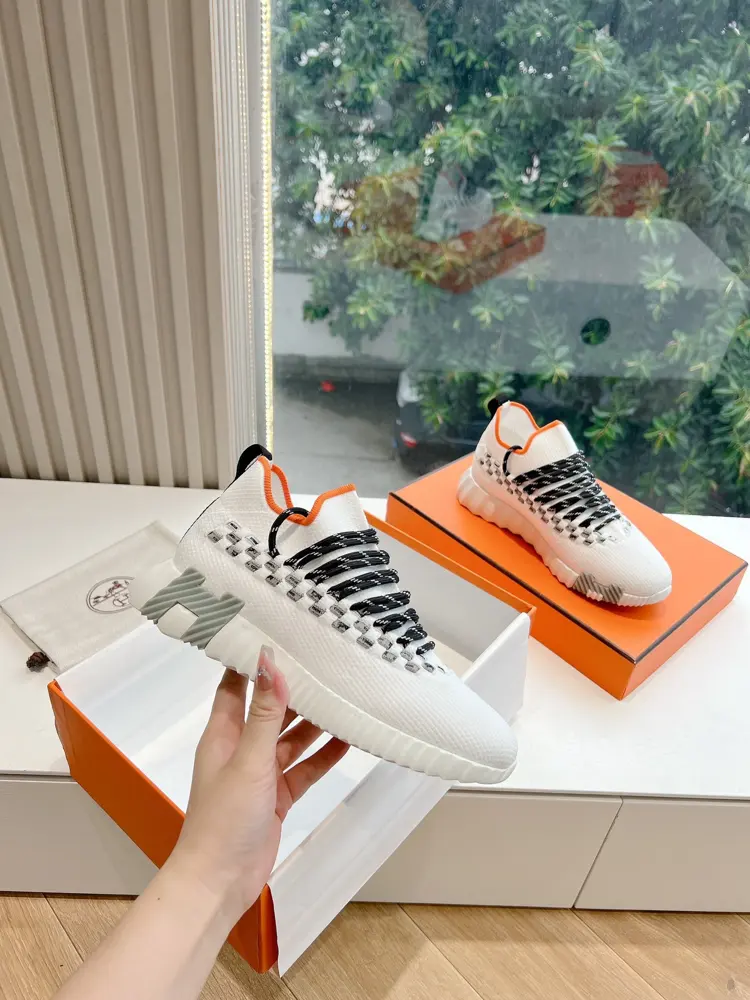 Hermès couple sneakers original knit + Napa calfskin splicing suede