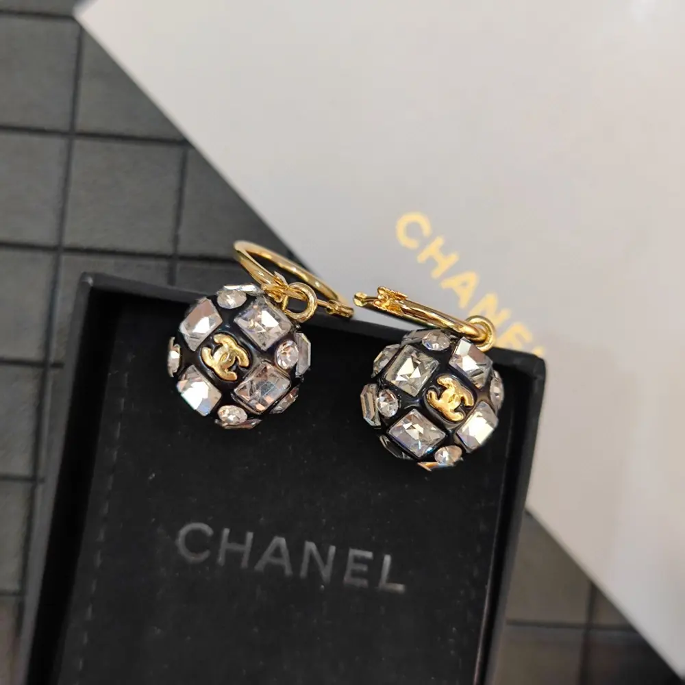 Chanel Pearl Braided Mesh Swarovski Square Diamond Stud Earrings