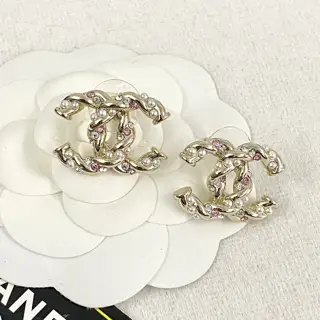 Chanel colored diamond rice pearl letter earrings