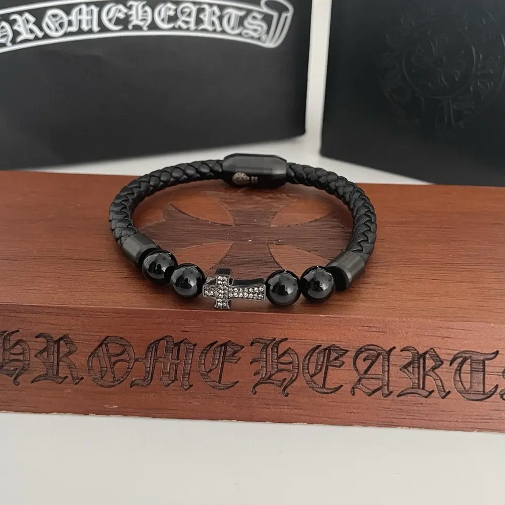 Chrome Hearts Classic Vintage Black Onyx Cross Diamond Leather Bracelet