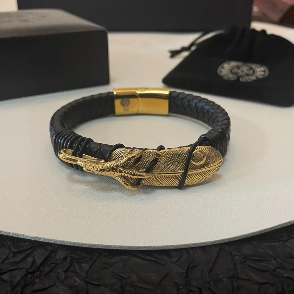 Chrome Hearts feather and leather bracelet