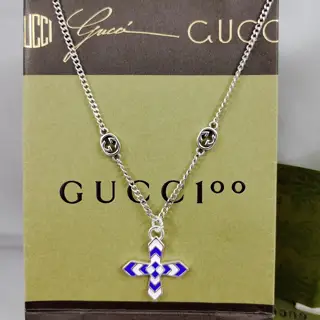 Gucci new cross white and blue enamel necklace