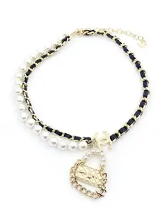 Chanel black leather pearl necklace