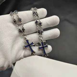 Chrome Hearts Croix Heart Blue Diamond Cross Necklace